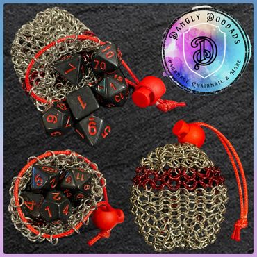 Handmade chainmaille gaming d20 dicebags in stainless steel with anodised aluminium strip