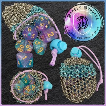 Handmade chainmaille gaming d20 dicebags in stainless steel with anodised aluminium strip