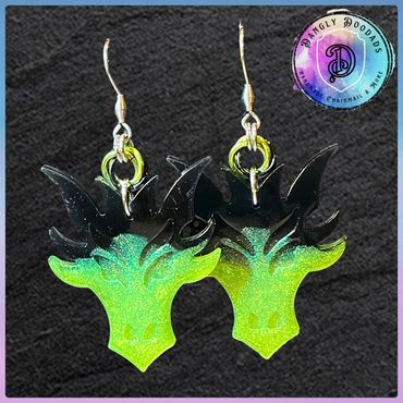Handmade resin dragon earrings with anodised aluminium mobius detail & stainless steel hooks