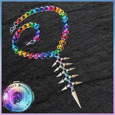 Chainmaille neckchain with spikes, stainless steel, anodised aluminium, rainbow