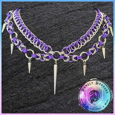 Chainmaille neckchain with spikes, stainless steel & anodised aluminium, purple