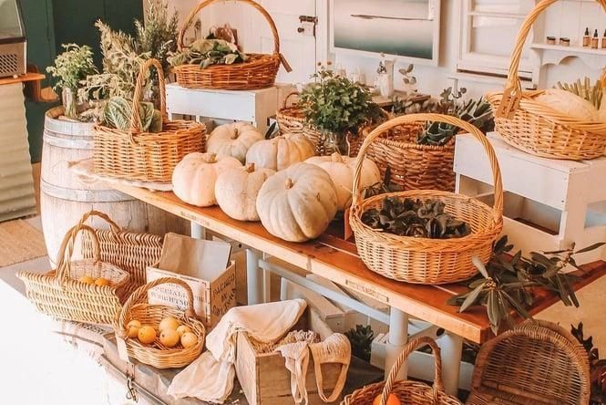Pumpkins and baskets arranged on a wooden table.