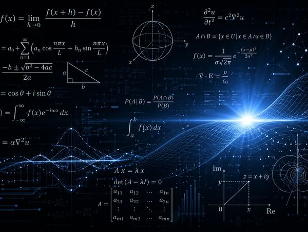 Mathematical equations and graphs overlaying a dark cosmic background with a glowing wave.
