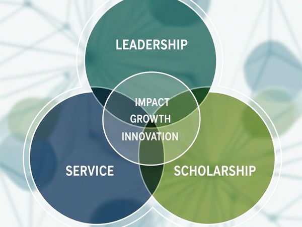 Venn diagram showing Leadership, Service, and Scholarship intersecting at Impact, Growth, and Innovation.