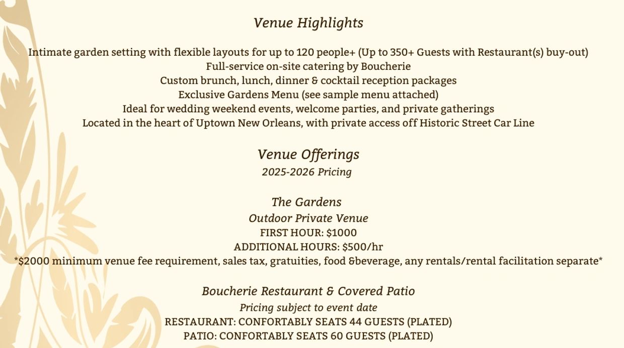 Venue highlights and pricing details for a private garden and restaurant events in Uptown New Orleans.