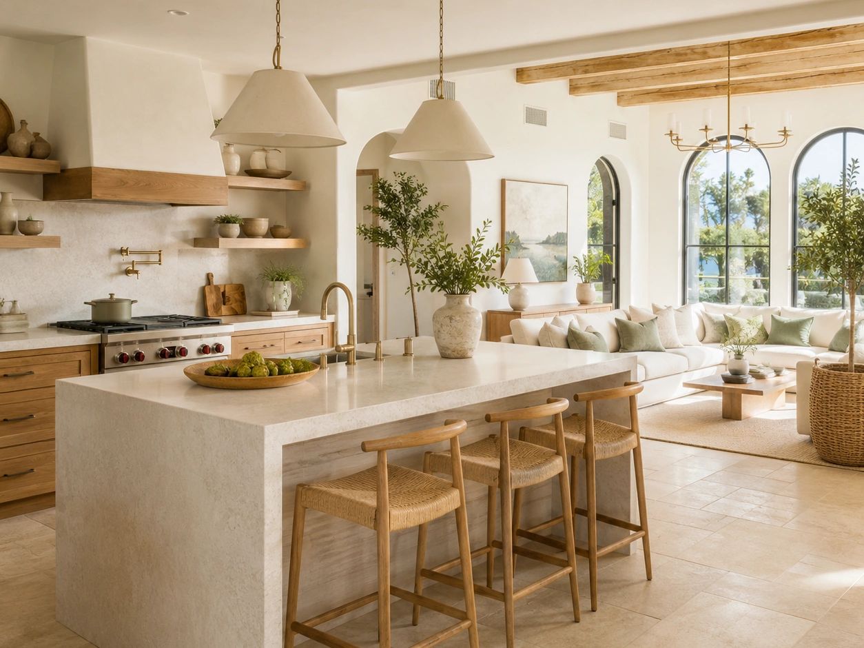 Cocina abierta y luminosa con isla y muebles de madera.