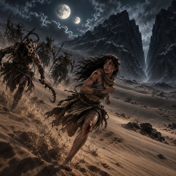 Saaee flees across the moonlit dunes as bone-masked raiders hunt her toward the black mountains.