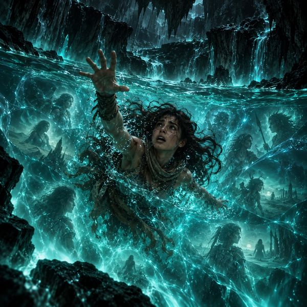Saaee falls into a vast underground pool of glowing turquoise Cronux as visions surround her.