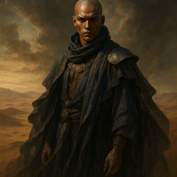A determined warrior in dark, flowing robes stands in a vast desert under a stormy sky.