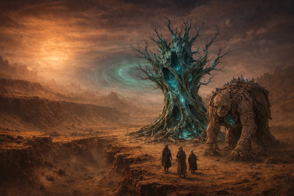 Ancient Saankorja tree and Ussurim creature on the desert world Zulmar in the Cronux universe