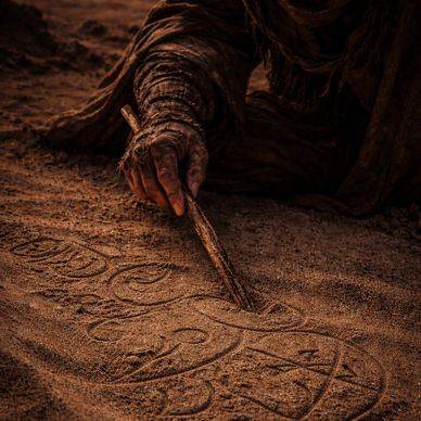 Zulmari writing symbols in the desert sand of Zulmar using a wooden stick