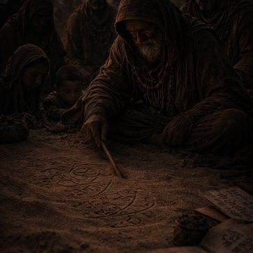 An elderly man draws symbols in the dirt, surrounded by attentive onlookers in dim lighting.