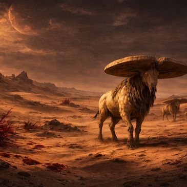 A surreal desert scene with creatures having large mushroom-like caps on their heads.