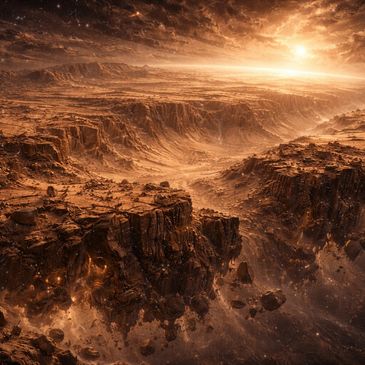 Zulmar, primary desert world of the Cronux universe, featuring vast canyon landscapes.
