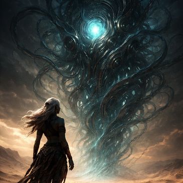 Syraen confronting Ithnorak in the Cronux universe.