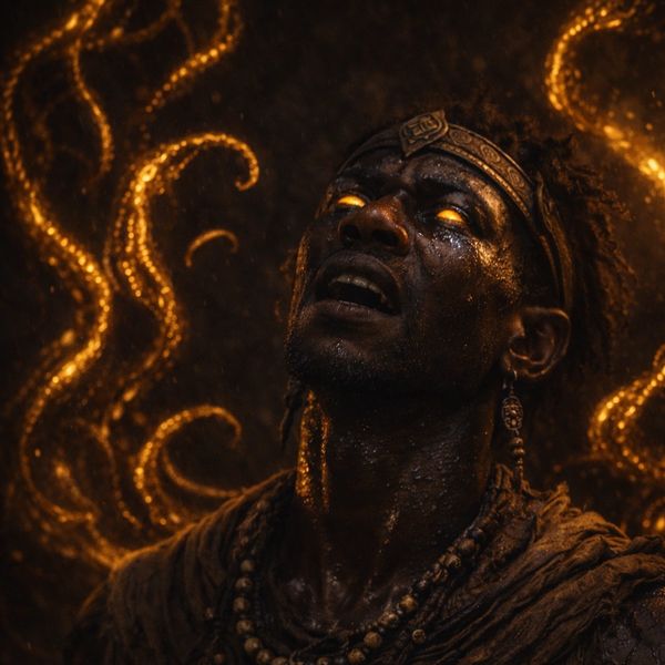 A mystical figure with glowing eyes surrounded by golden light swirls.
