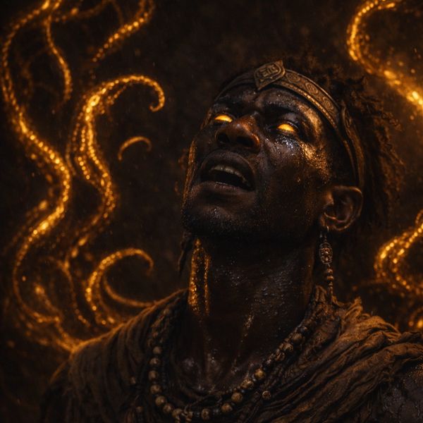 A mystical figure with glowing golden eyes and ornate jewelry.