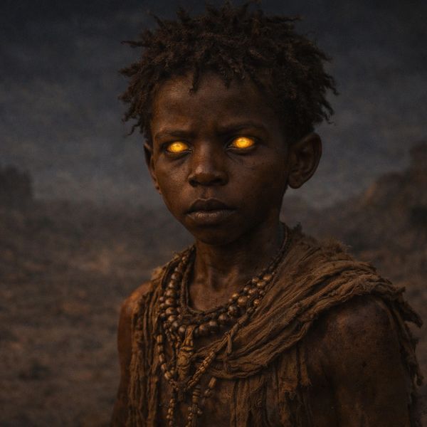 A mystical boy with glowing golden eyes in rugged attire stands in a desolate landscape.