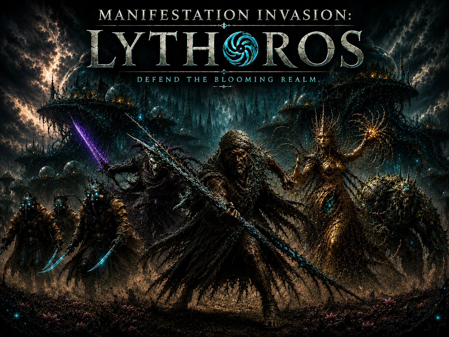 Fantasy creatures ready for battle in a dark, mystical realm.