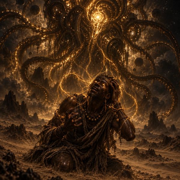 Waajin in the desert at night, feverish and mentally manipulated by the massive entity Skaedir.