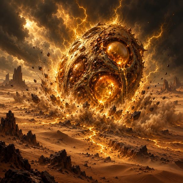A grotesque golden egg crashes into the desert of Zulmar, erupting with light, dust, on zulmar.