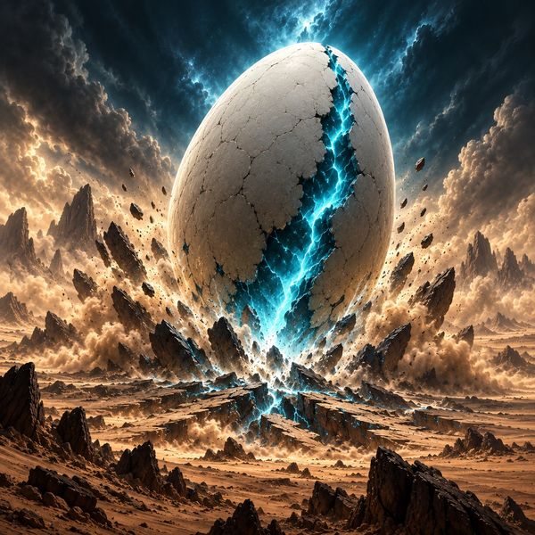 Ithnorak’s colossal egg crashes into the desert of Zulmar, splitting the earth with cold blue energy