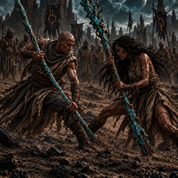 A brutal duel between Naako and Okaan in the desert beneath twin moons.