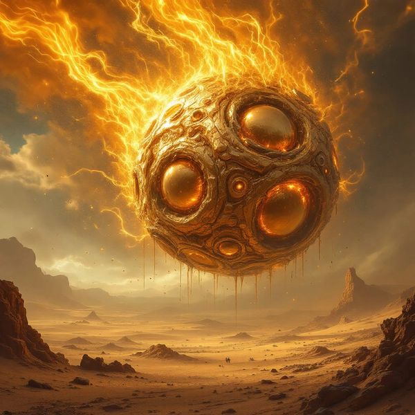 A fiery, molten meteor with glowing craters descends on a barren desert landscape.