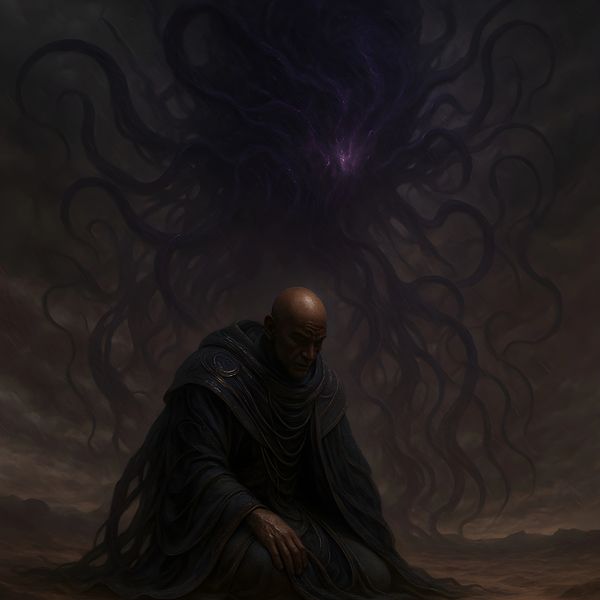 A cloaked man kneels with a dark, tentacled entity looming above.