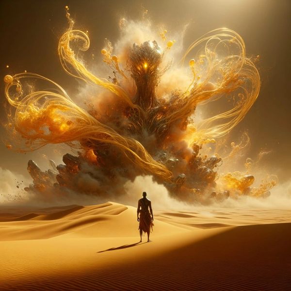 Auratus facing the golden cosmic entity Skaedir in a desert, Cronux universe.