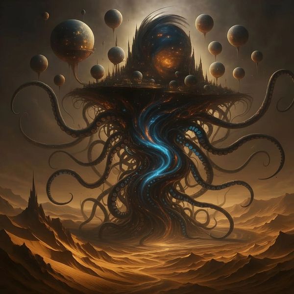 A surreal cosmic entity with tentacles and floating spheres in a desert landscape.