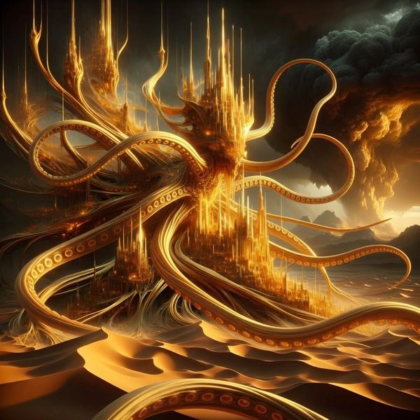 A golden, fantastical octopus-like creature with cityscape tentacles in a dramatic desert setting.