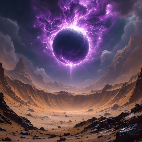 A mysterious purple lightning orb floats over a rocky desert crater under a starry sky.