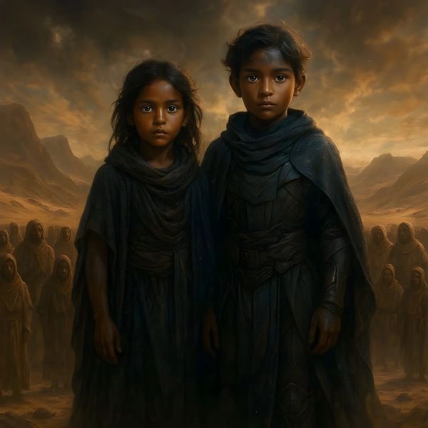 Two solemn children in dark cloaks stand in a desert with a group behind them.