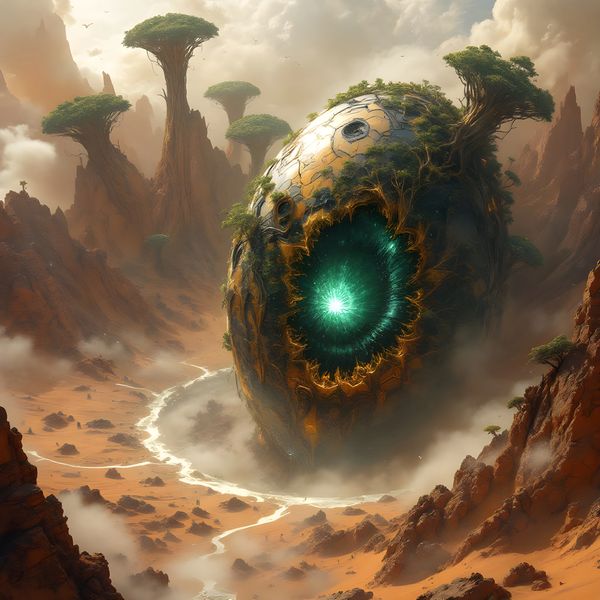 A colossal, ancient egg-shaped structure with a glowing core in a misty, alien canyon.