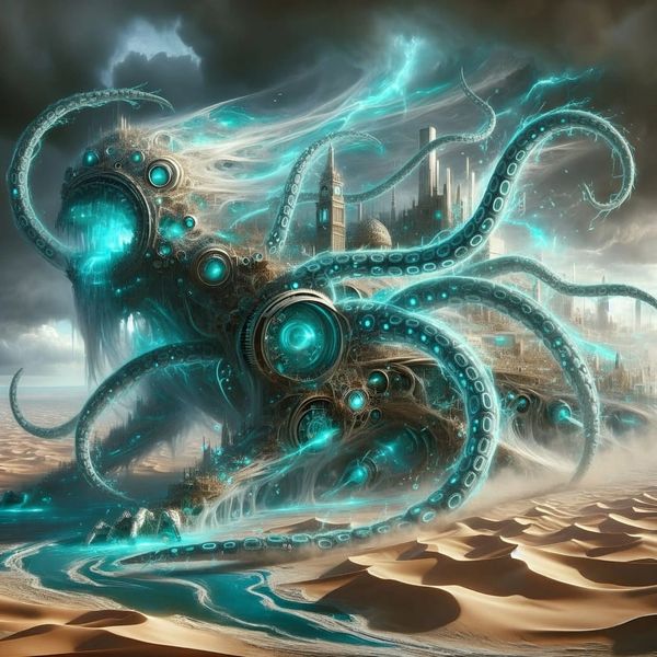 Ithnorak  biomechanical cosmic entity with turquoise energy tentacles, dark sci-fi fantasy