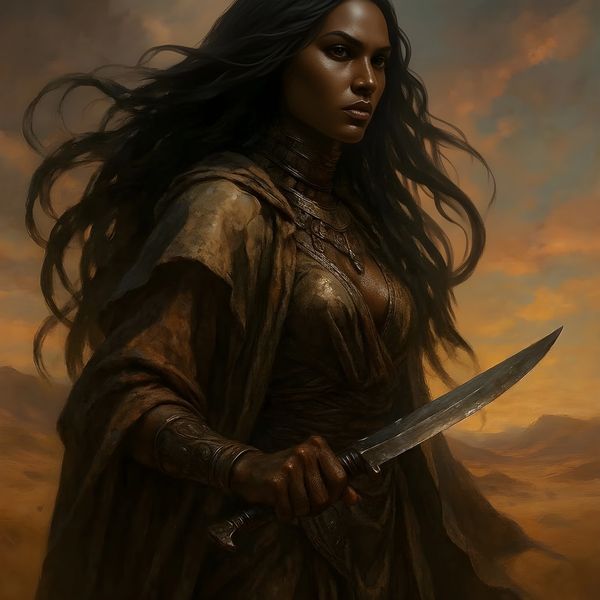 A fierce warrior woman holding a knife in a desert at sunset.