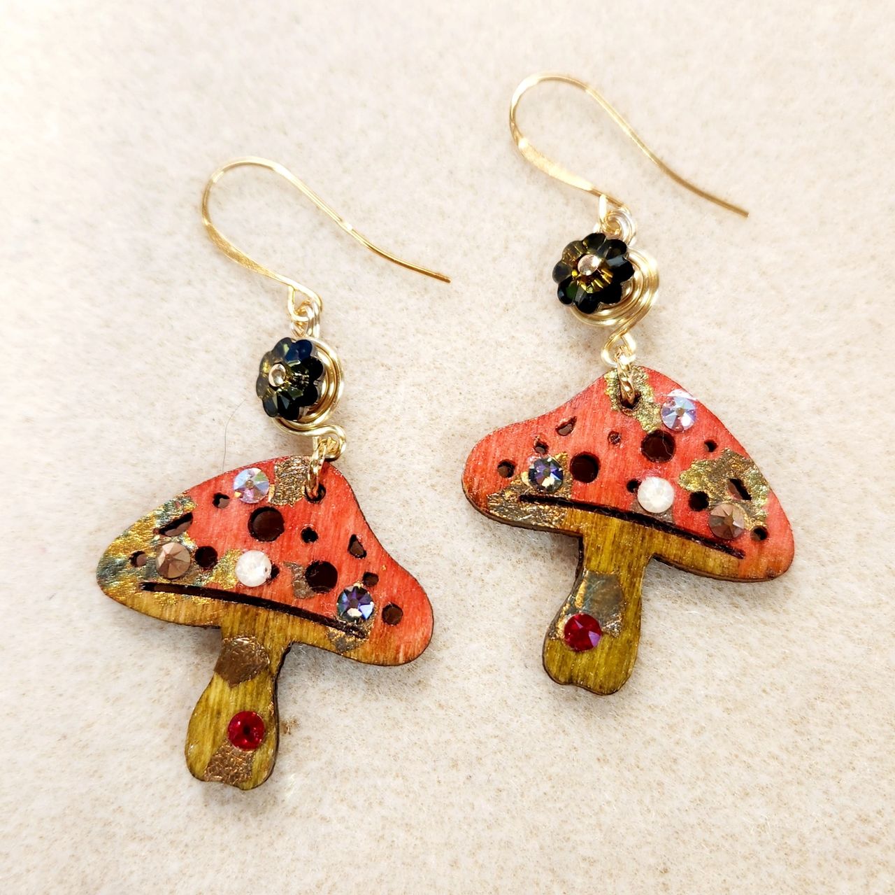 Whimsical mushroom earrings with Austrian crystals.