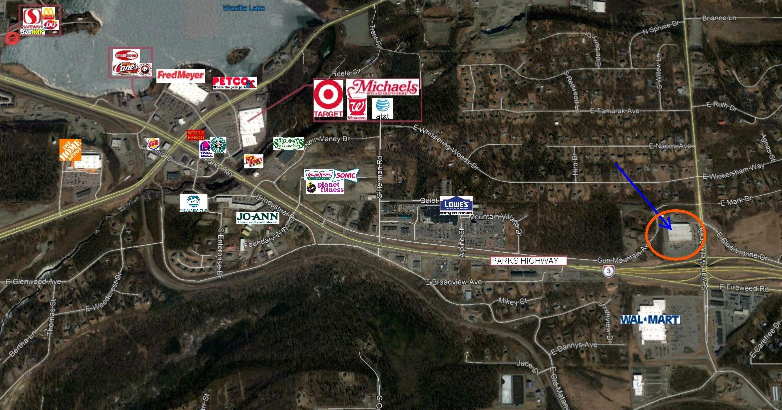 Retail Wasilla Palmer MatSu Aerial with Logos