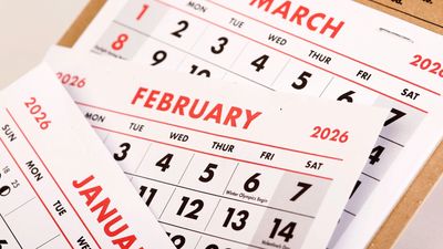 Close-up of 2026 calendar pages for January, February, and March.