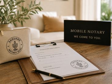 Mobile notary kit with documents and signage on table.