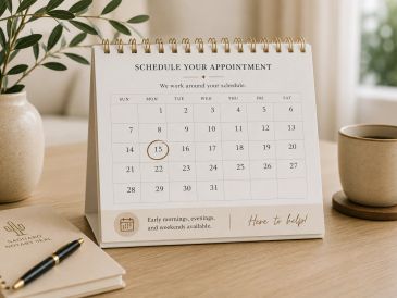Desk calendar on a wooden table with a pen and a cup.