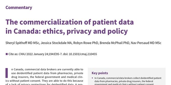 Article: Spithoff S et al, 2022, The commercialization of patient data in Canada