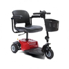 Compact red mobility scooter with black seat and front basket.