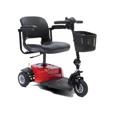 Compact red and black mobility scooter with a front basket and comfortable seat.