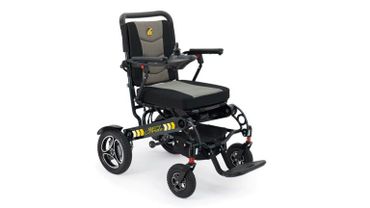 A modern electric wheelchair with sturdy wheels and cushioned seating.
