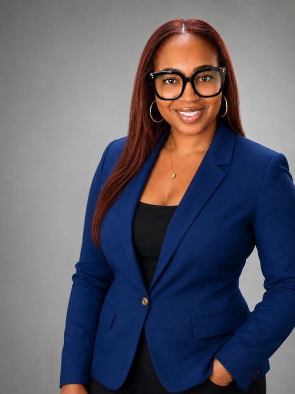 Professional woman in a blue blazer smiling.