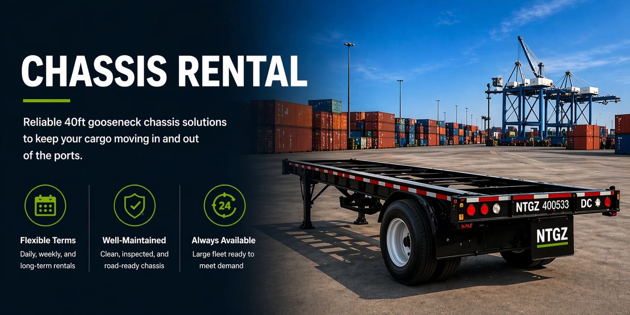 40ft gooseneck chassis rental with flexible terms and well-maintained equipment at a busy port.