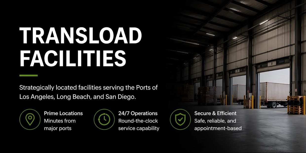 Transload facilities serving major ports with 24/7 operations and secure appointment-based service.