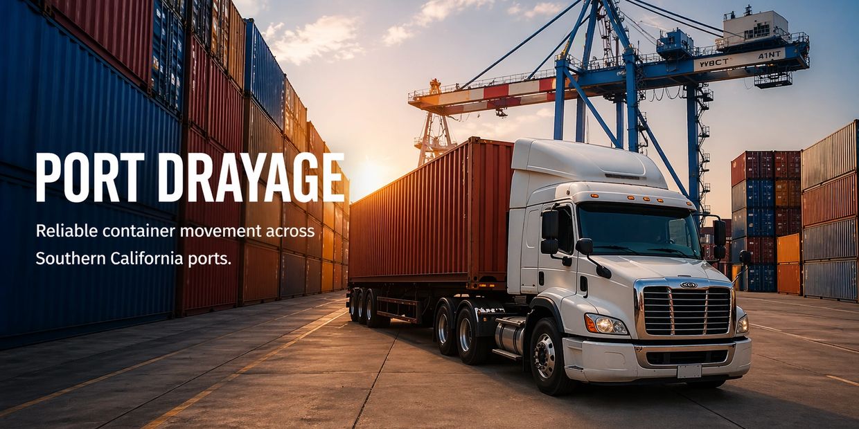 Container truck at port with sunset, showcasing reliable Southern California port drayage.